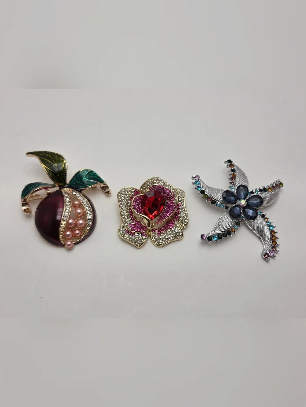 Jewel Tone Brooch & Pendant Set • Purple Fruit, Blue Starfish, Red Rose Trio